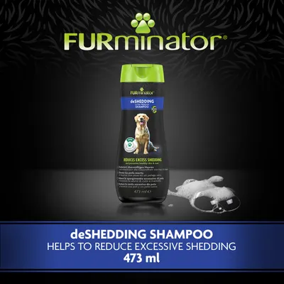 deSHEDDING SHAMPOO, helps to reduce excessive shedding, 473 ml. Bottle shown with product branding and a dog image on the label.