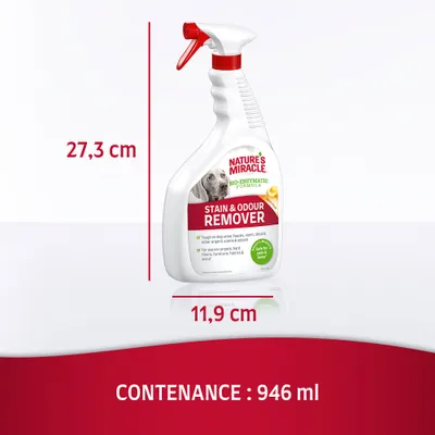 Spray Nature's Miracle Stain & Odour Remover, dimensions 27,3 cm x 11,9 cm, contenance 946 ml, texte visible en anglais sur l'étiquette.