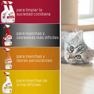 Comparativa de Nature's Miracle: para limpiar la suciedad cotidiana, para manchas y olores más difíciles, para manchas y olores persistentes, para manchas de orina difíciles. Gato al lado.