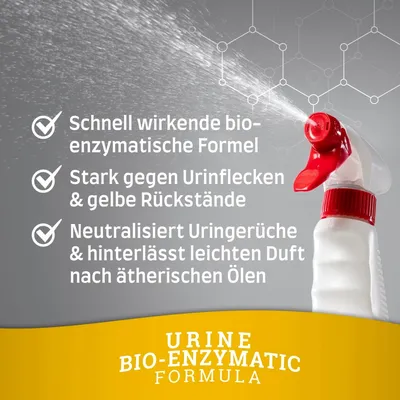 Schnell wirkende bio-enzymatische Formel, stark gegen Urinflecken und gelbe Rückstände, neutralisiert Uringerüche und hinterlässt leichten Duft nach ätherischen Ölen.