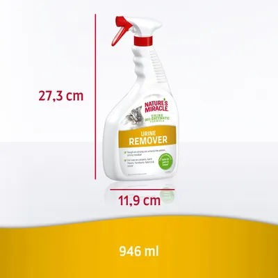 Spray Nature's Miracle Urine Remover, 946 ml. Dimensiones: 27,3 cm alto x 11,9 cm ancho. Etiqueta en inglés con imagen de gato y texto sobre uso en alfombras, suelos y tejidos.