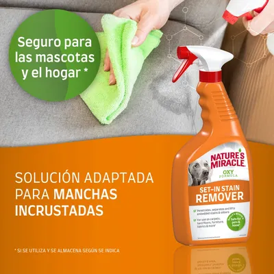 Nature's Miracle Oxy Formula Set-In Stain Remover. Seguro para las mascotas y el hogar. Solución adaptada para manchas incrustadas. Imagen de spray limpiador y mano limpiando sofá.