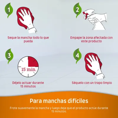 Instrucciones para manchas difíciles: seque la mancha, empape con el producto, deje actuar 15 minutos y séquelo con un trapo limpio. Consejo: frote suavemente y espere 15 minutos.