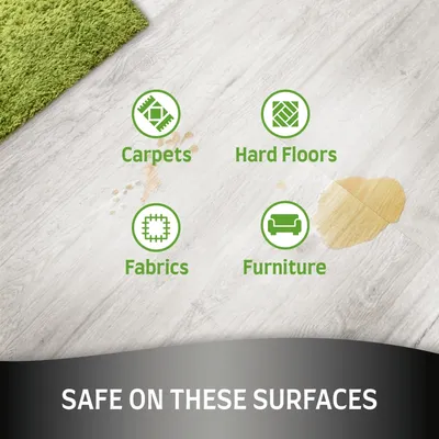 Safe for use on carpets, hard floors, fabrics and furniture. Text states: safe on these surfaces.
