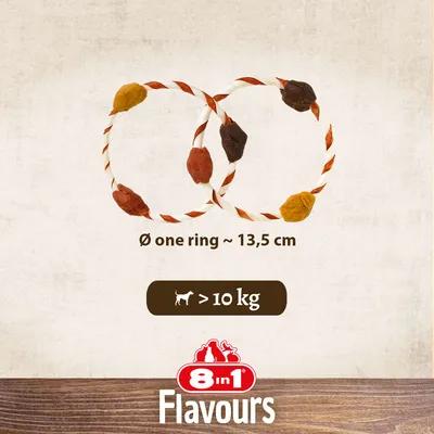 Two twisted rings, each approximately 13.5 cm in diameter, suitable for dogs over 10 kg. Brand: 8 in 1 Flavours.