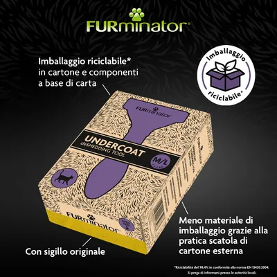 FURminator UNDERCOAT deSHEDDING TOOL M/L, confezione in cartone riciclabile con sigillo originale, meno materiale di imballaggio, indicato per animali 4,5–40 kg. Testo e simbolo: Imballaggio riciclabile.