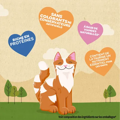 Riche en protéines, sans colorants ni conservateurs artificiels, à base de viandes naturelles, contient de la taurine un nutriment essentiel pour les chats. Voir composition sur emballages.
