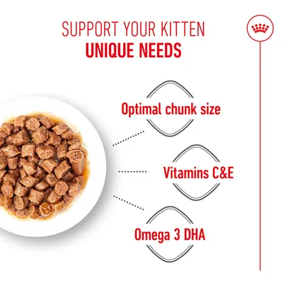 Text in image: Support your kitten's unique needs. Optimal chunk size, vitamins C & E, omega-3 DHA. Pictured is a plate with meat pieces in gravy.