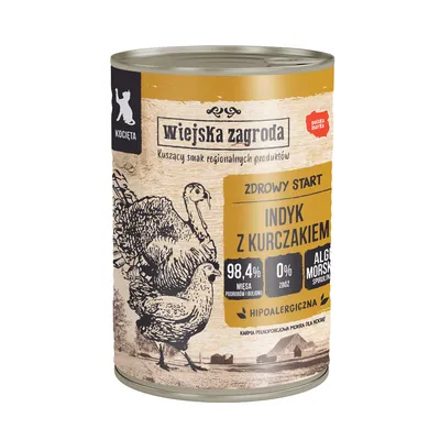 Wiejska Zagroda karma dla kotów, smak indyk z kurczakiem, 98,4% mięsa i bulionu, 0% zbóż, spirulina, hipoalergiczna.