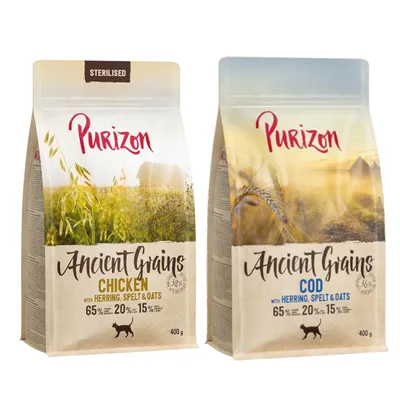 Purizon Ancient Grains Trockenfutter für Katzen, Sorten: Chicken mit Hering, Dinkel & Hafer und Cod mit Hering, Dinkel & Hafer. Protein 65%, Fett 20%, Rohfaser 15%. Verpackungsgrösse: 400g.
