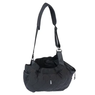 Black carrier bag with adjustable shoulder strap, mesh inserts and quilted design. Brand: TIAKI.