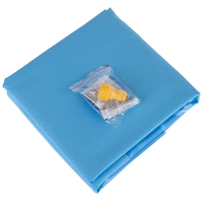 Sininen uima-altaan varavuori korjaussarjalla, sisältää keltaisia muoviosia ja liiman läpinäkyvässä pakkauksessa.