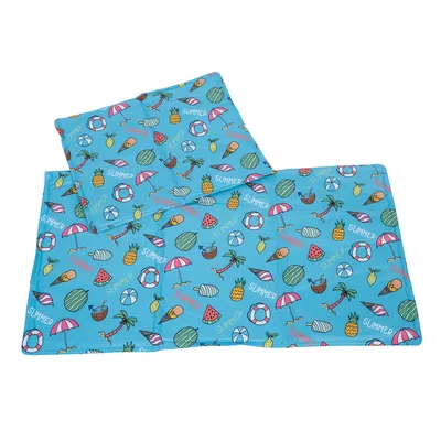 Two blue cooling mats with colourful summer motifs, including pineapples, watermelons, sunshades and coconuts. Suitable for pets to cool down on hot days.