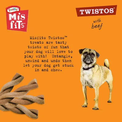 Misfits Twistos with beef. Treats are tasty twists of fun that your dog will love to play with. Untangle, unwind and undo then let your dog get stuck in and chew.