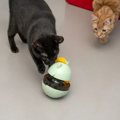 Twee katten onderzoeken een mintgroen interactief kattenspeeltje met gele pluim op een gladde vloer. Speeltje van kunststof, geschikt voor katten om mee te spelen.