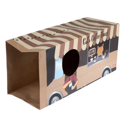 Pappová krabica s nápisom 'Cat's Coffee Truck', hnedo-béžové pruhy, okrúhly vchod, motív mačky na boku.