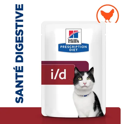 Hill's Prescription Diet i/d pour chat, sachet avec texte « SANTÉ DIGESTIVE » et pictogramme poulet visible en haut à droite.