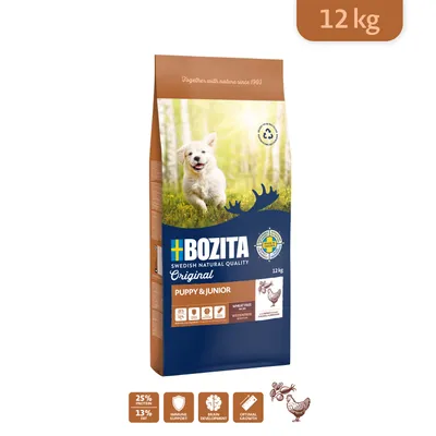 BOZITA Original Puppy & Junior koiranruoka, 12 kg. Vehnätön. 25 % proteiinia, 13 % rasvaa. Pakkauksessa valkoinen pentukoira ja kanan kuva. Swedish Natural Quality.