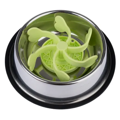 Stainless steel food bowl with green insert to slow down eating, non-slip base.