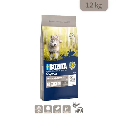 Sac de croquettes BOZITA Original Puppy & Junior XL with lamb, 12 kg. Analyse nutritionnelle : protéines 24 %, matières grasses 13 %. Texte en anglais et allemand visible sur l’emballage.