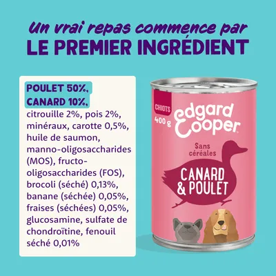 Edgard Cooper nourriture humide pour chiots, 400g, saveur canard et poulet. Ingrédients : poulet 50%, canard 10%, potiron 2%, pois 2%, carottes 0,5%, sans céréales.