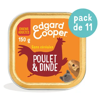 Edgard Cooper nourriture pour chiens adultes, 150 g, lot de 11, poulet et dinde, sans céréales.