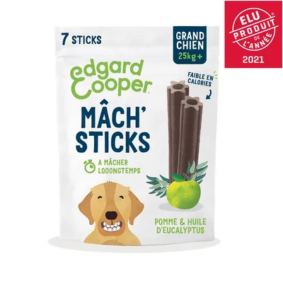 Edgard Cooper Mâch' Sticks, 7 bâtonnets, pour grands chiens à partir de 25 kg, pomme et huile d'eucalyptus, faible en calories, produit de l'année 2021.