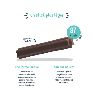 Stick léger à forme tubulaire unique, 87 kcal par stick. Fabriqué à partir d’ingrédients végétaux, pauvre en calories et conçu pour un nettoyage efficace.