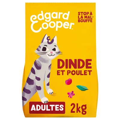 Edgard Cooper DINDE ET POULET ADULTES kattenvoer, 2 kg. Tekst: STOP À LA MALBOUFFE. Gele verpakking met illustratie van kat en ingrediënten. Tekst deels in het Frans.
