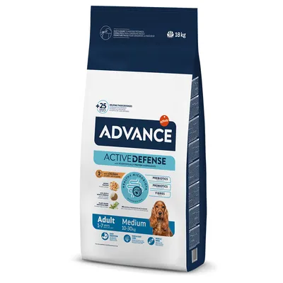 Advance Active Defense cibo per cani adulti, taglia media 10-30kg, con pollo, prebiotici, probiotici e fibre. Confezione: 18kg.
