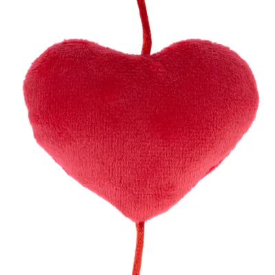 Red plush heart with string, suitable as toy or decoration.