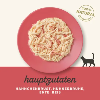 Hauptzutaten: Hähnchenbrust, Hühnerbrühe, Ente, Reis. 100% natürliche Zutaten. Abbildung einer Mahlzeit auf rotem Teller mit Katzen-Symbol.