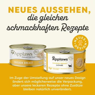 Neues Aussehen, die gleichen schmackhaften Rezepte. Applaws Natural Cat Food Chicken Breast 70g, neues Design. Rezepte ohne Zusätze bleiben unverändert.