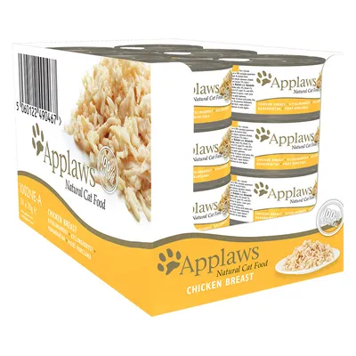 Applaws Natural Cat Food Chicken Breast, 24 x 70 g säilykepakkaus. Näkyvissä teksti: 100 % natural, kuva kananrintapalasta lautasella.
