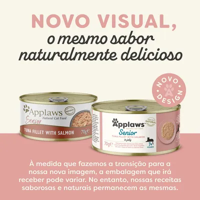 Applaws Senior Natural Cat Food, Tuna Fillet with Salmon 70 g. Novo visual, o mesmo sabor naturalmente delicioso. Embalagem pode variar durante a transição de design.