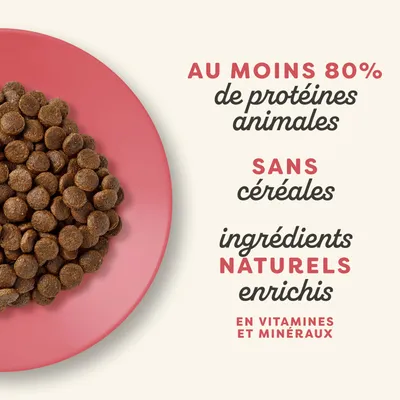 Au moins 80 % de protéines animales, sans céréales, ingrédients naturels, enrichi en vitamines et minéraux. Au moins 80 % de protéines animales, sans céréales, ingrédients naturels, enrichi en vitamines et minéraux.