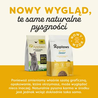 Nowy wygląd opakowania karmy Applaws Chicken Senior dla kota, 400 g, 80% białka z kurczaka. Informacja: zmiana szaty graficznej, skład pozostaje ten sam.