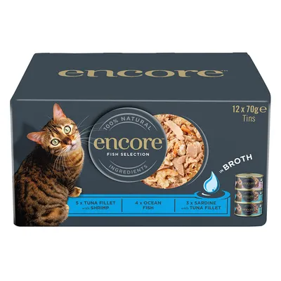 Encore Fish Selection, 12 x 70g Dosen. Sorten: 5x Thunfischfilet mit Garnelen, 4x Meeresfisch, 3x Sardine mit Thunfischfilet. 100% natürliche Zutaten in Brühe.