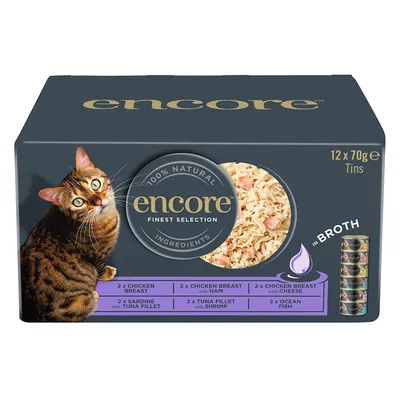 Encore Finest Selection, 12 x 70g Dosen. Sorten: Hühnerbrust, Hühnerbrust mit Schinken, Hühnerbrust mit Käse, Sardine mit Thunfischfilet, Thunfischfilet mit Garnelen, Ozeanfisch.