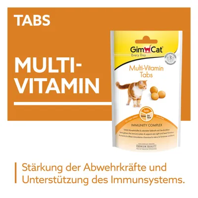 GimCat Multi-Vitamin Tabs, sachet avec photo de chat et comprimés ronds, texte visible : Taurine, Beta-Glucane, Immunity Complex. Texte en allemand sur le renforcement du système immunitaire.