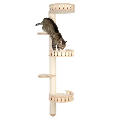Cat tree with multiple levels and wooden platforms, a cat exploring the top platform.