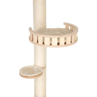Cat tree made of wood with sisal post, padded lying surfaces and raised edge for comfort.