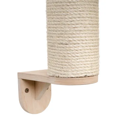 Scratching board made of wood wrapped with sisal rope, suitable for wall mounting.