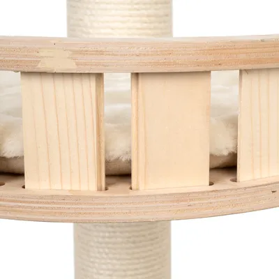 Close-up view of a scratching post made of light wood with soft, cream-coloured padding and a sisal-wrapped trunk.