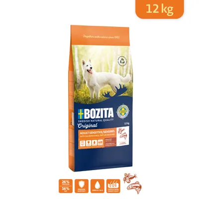 BOZITA Swedish Natural Quality Original Adult Sensitive/Sensibel med laks og ris, 12 kg. 26 % protein, 16 % fedt, immune support, omega 3 & 6, shiny coat. Billede af hund på pakken.