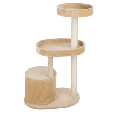 Kratzbaum mit drei Ebenen, beige Plüschbezug und Sisalstangen. Untere Ebene mit geschlossener Höhle, mittlere und obere Ebene offen.