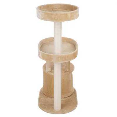 Kratzbaum mit zwei gepolsterten Liegeflächen und einer unteren Höhle, beige, mit Sisal umwickelten Kratzsäulen.