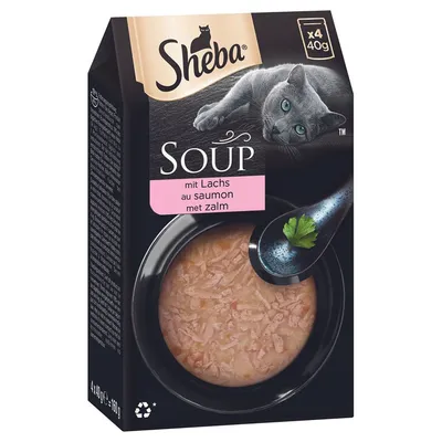Sheba Soup mit Lachs -kissanruoka, 4 x 40 g. Pakkauksessa kuva kissasta ja annoksesta lohikeittoa. Teksti: mit Lachs, au saumon, met zalm.