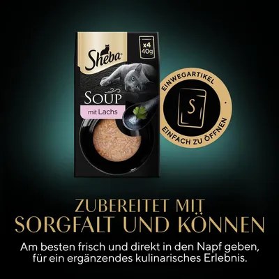 Sheba Soup mit Lachs, x4 40g. Einwegartikel, einfach zu öffnen. Zubereitet mit Sorgfalt und Können. Frisch in den Napf geben für ein ergänzendes kulinarisches Erlebnis.