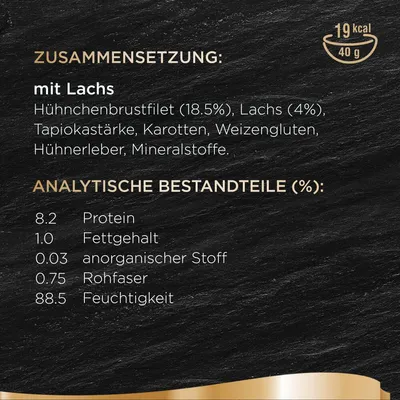 Zusammensetzung: Hähnchenbrustfilet (18.5%), Lachs (4%), Tapiokastärke, Karotten, Weizengluten, Mineralstoffe. Analytische Bestandteile: Protein 8.2%, Fettgehalt 1%, Feuchtigkeit 88.5%.